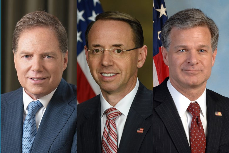 Geoffrey Berman, Rod Rosenstein, and Christopher Wray.